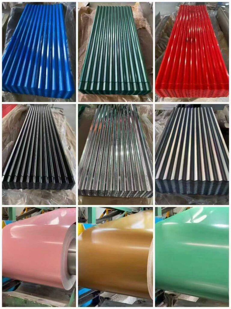Multi color PPGI corrugated roofing sheet and color coated steel coil stock, blue green red pink prepainted steel for building construction