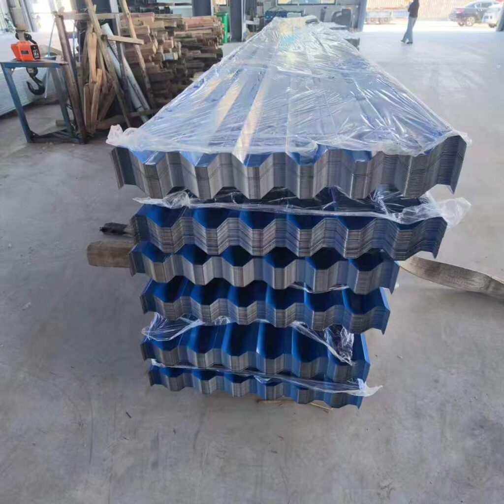 Stacked blue PPGI corrugated roofing sheets for industrial building construction