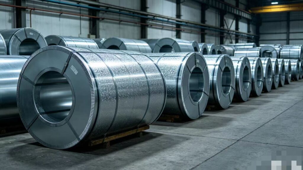 hot dipped galvanized steel sheet coil finished products stored in factory warehouse