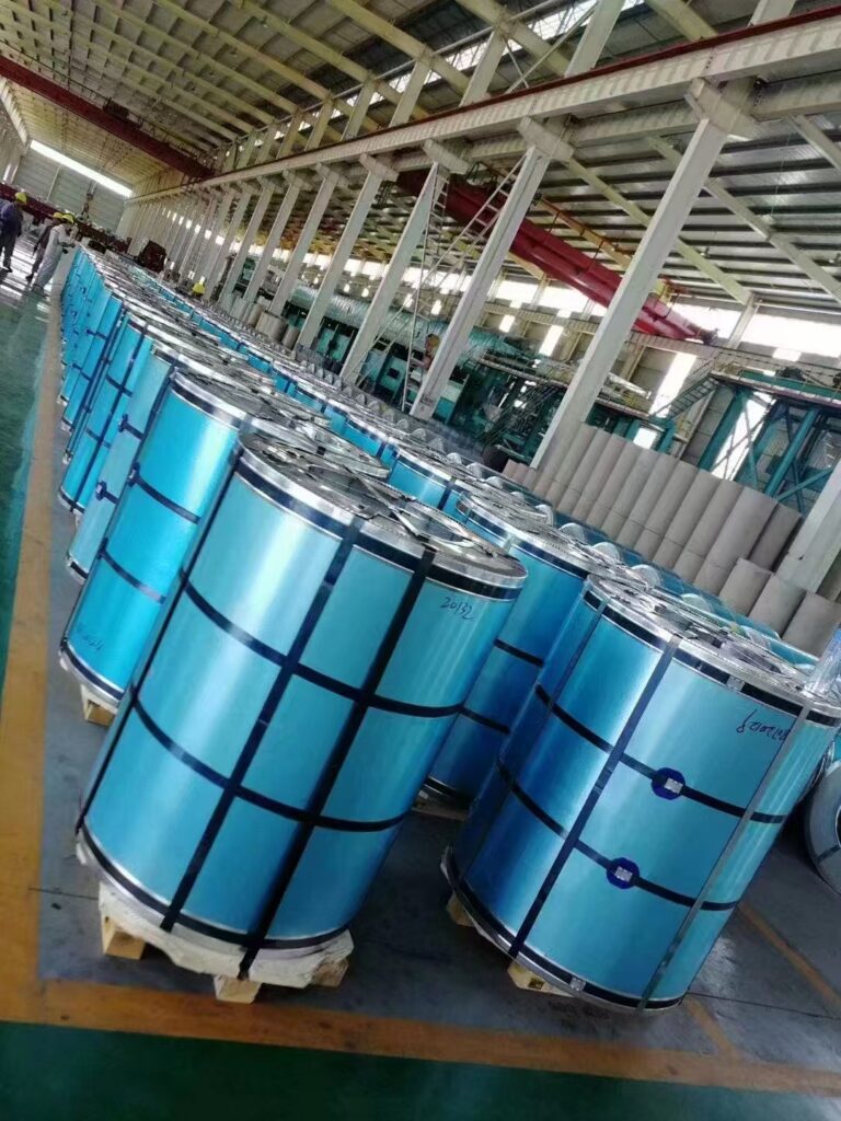 Blue packaged hot dipped galvanized coil stacked in factory warehouse, DX51D anti-corrosion steel coil for construction and home appliance manufacturing
