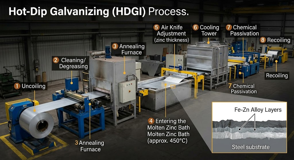Continuous hot-dip galvanized steel coils manufacturing process line