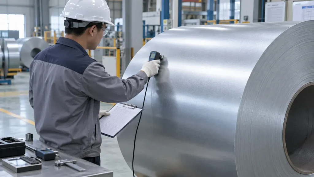 Technician inspecting galvanized steel coil surface quality and coating consistency