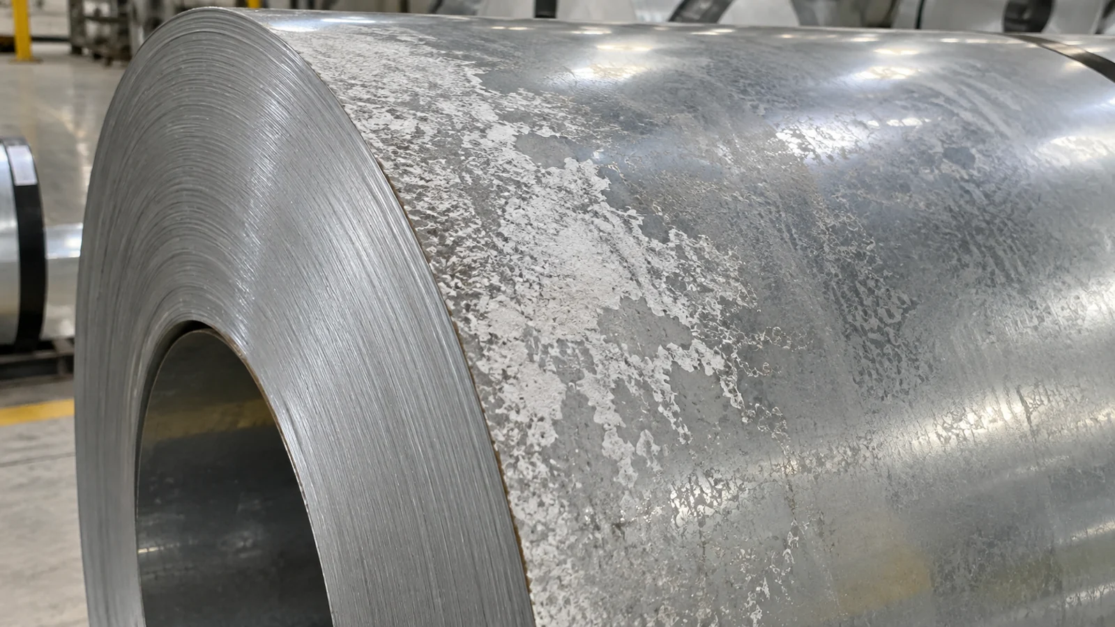 White wet storage stain visible on the surface of a galvanized steel coil