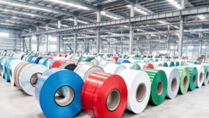 prepainted galvanized steel coil PPGI coil stacked in factory warehouse